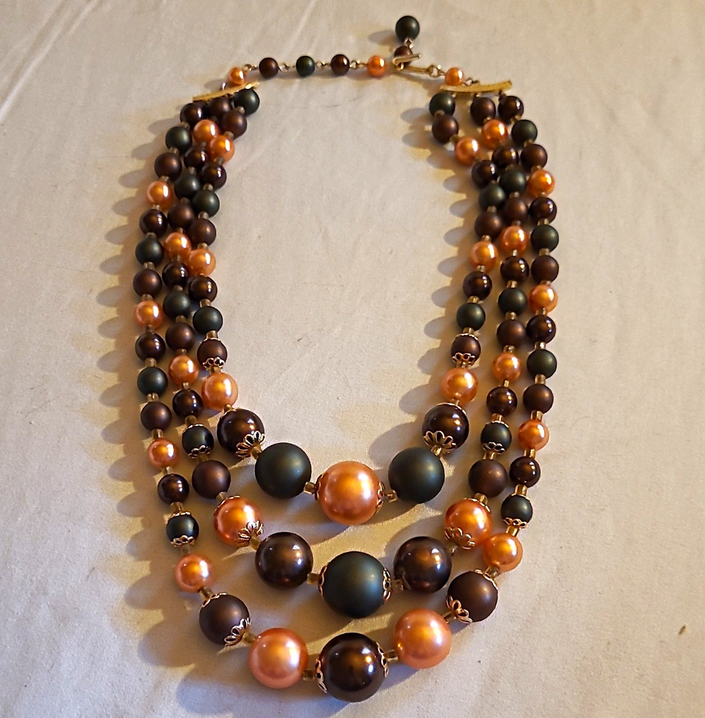 Vintage JAPAN Stamped 3 Strand Beaded Necklace Copper Black Champagne Beads